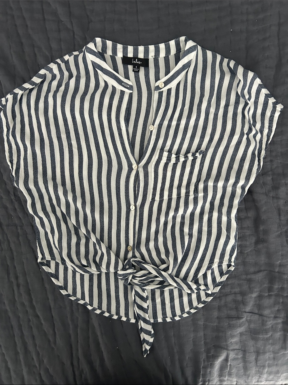 Lulu's Navy & White Striped Tie-Front Short Sleeve Blouse